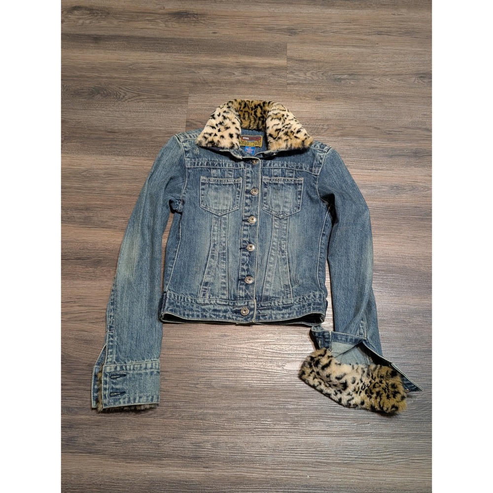 Blue Asphalt Denim Jacket XS Faux Fur Leopard Trim Y2K Trucker Blue Cotton
